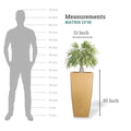 Go Hooked brown polymer Matrix planter, 30 inches tall, with a square base and tapered sides, holding a green plant.