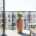GoHooked 18-inch tall brown polymer planter with a modern, tapered design. Features a drainage hole for healthy plants.