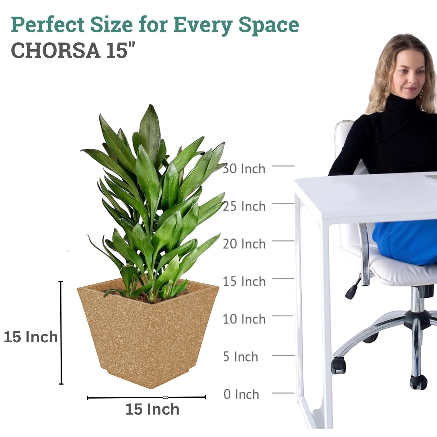 GoHooked 15-inch square brown polymer planter pot with drainage hole, lightweight and UV-resistant for indoor/outdoor use.