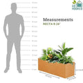 GoHooked brown polymer rectangular planter pot, 24x12.5 inches, with plants. Shows scale against a human silhouette.