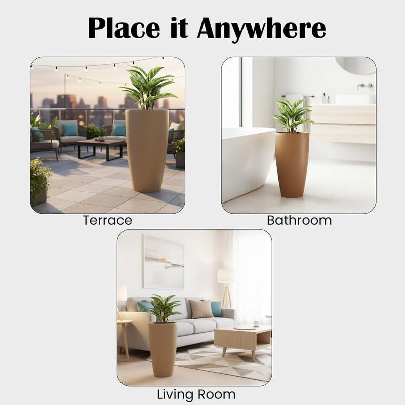 GoHooked 24-inch tall brown polymer planter pot with modern design, suitable for indoor or outdoor use.