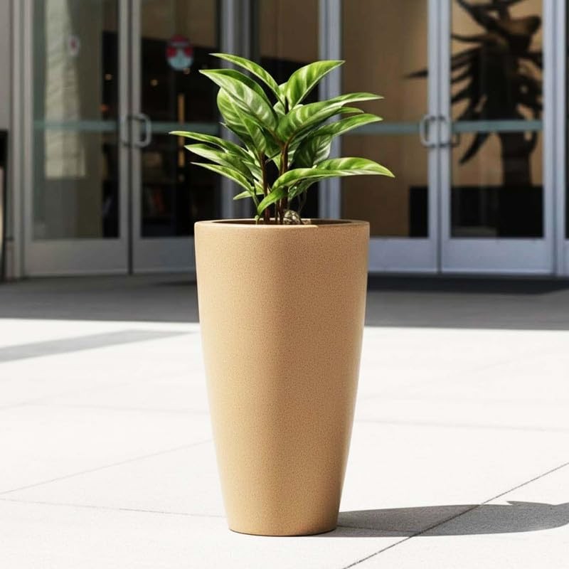 GoHooked 24-inch tall brown polymer planter pot with a modern design and textured finish, featuring a drainage hole.