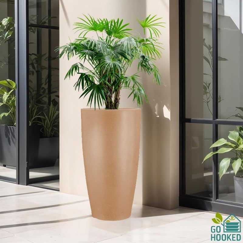 Go Hooked 24-inch tall brown polymer planter pot with a modern design, suitable for indoor or outdoor use.