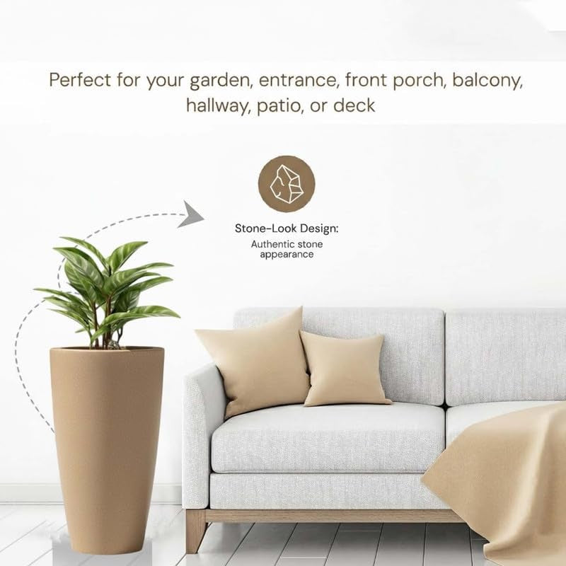 Go Hooked 24-inch tall brown polymer planter pot with stone-look design and drainage hole, perfect for indoor or outdoor use.