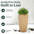GoHooked 26 inch tall brown polymer planter pot with a tapered square design and a small green plant. Features UV protection, lightweight, and unbreakable.