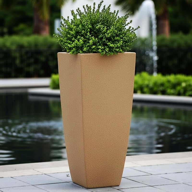 GoHooked large brown textured polymer planter pot with a drainage hole, perfect for outdoor or indoor plants.