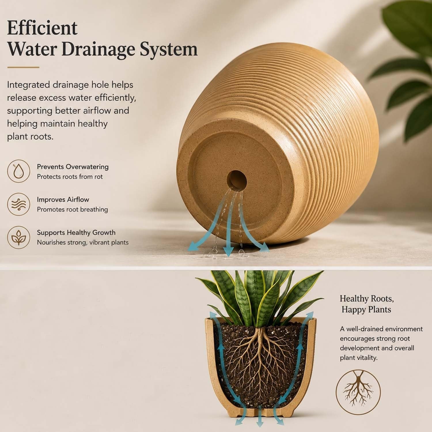 GoHooked 12-inch brown polymer planter pot with efficient water drainage system for healthy plant roots.