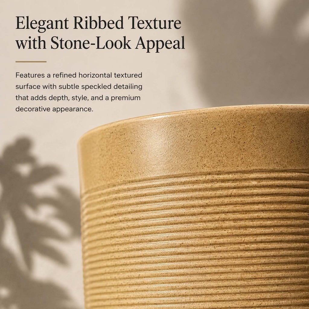 GoHooked 10-inch brown polymer planter pot with elegant ribbed texture and stone-look appeal. UV resistant and lightweight.