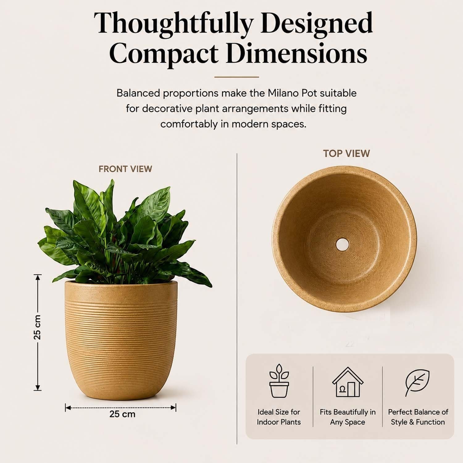 GoHooked 10-inch brown polymer planter pot with ribbed texture and drainage hole. Ideal for indoor or outdoor plants.