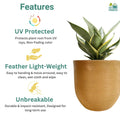 Go Hooked 12-inch brown polymer planter pot with horizontal ribbed texture, featuring a snake plant. UV protected and lightweight.