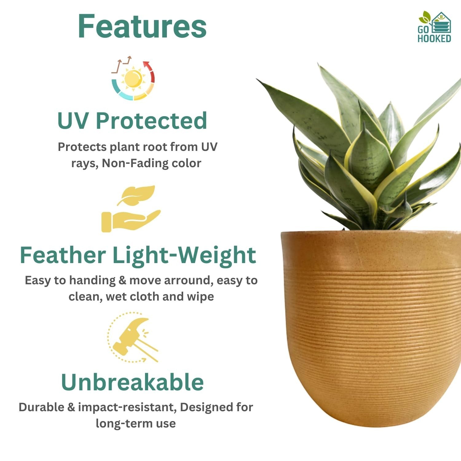 Go Hooked 12-inch brown polymer planter pot with horizontal ribbed texture, featuring a snake plant. UV protected and lightweight.