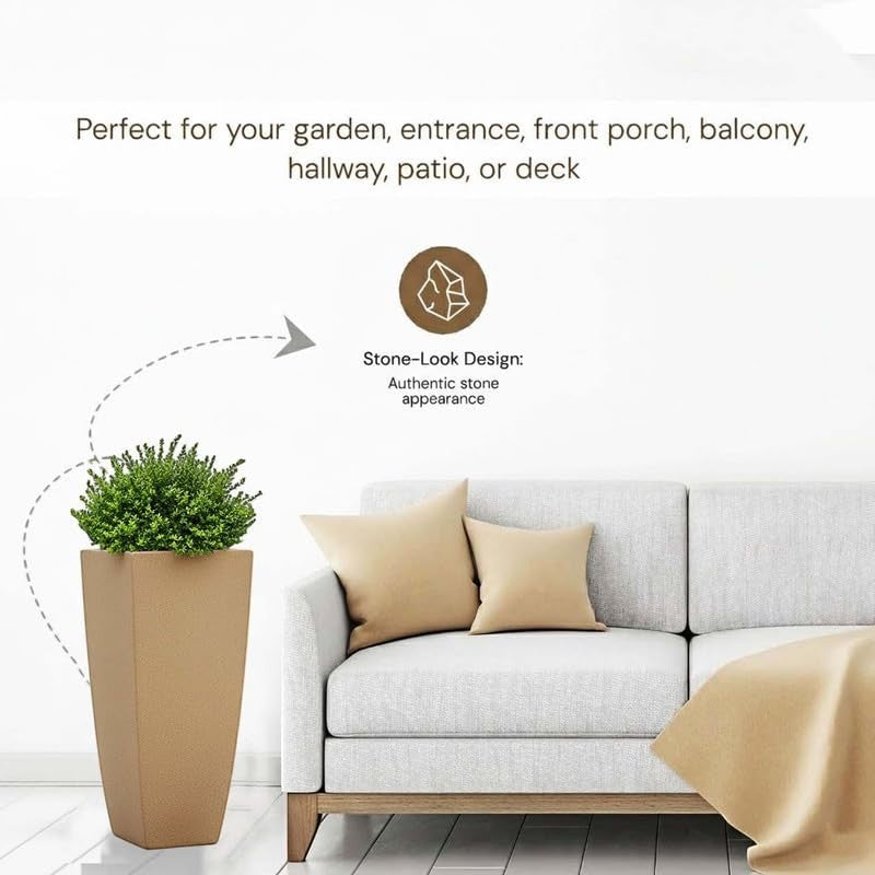 Go Hooked tall brown polymer planter pot with stone-look design and drainage hole. Perfect for indoor or outdoor use.