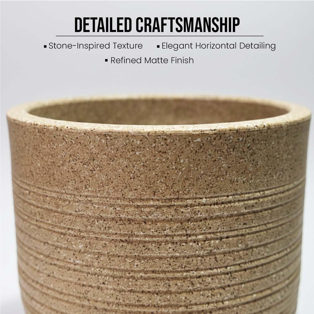 GoHooked 10 inch round brown polymer planter pot with textured ribbed design and matching tray.