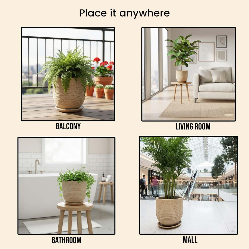 GoHooked 10-inch round brown polymer planter pot with textured ribbed design and matching drainage saucer.