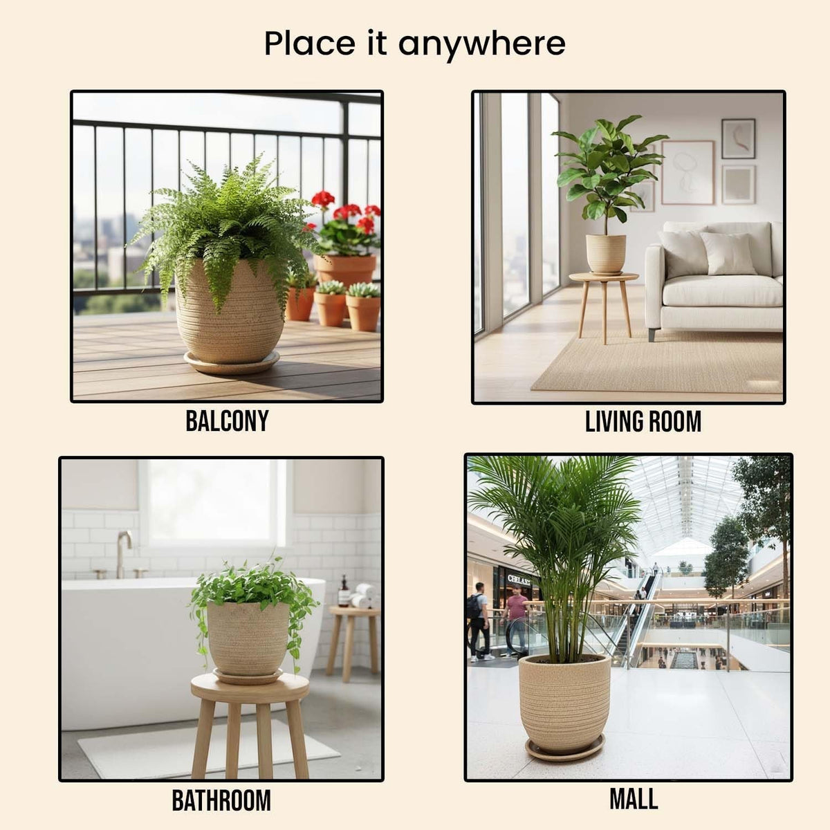 GoHooked 10-inch round brown polymer planter pot with textured ribbed design and matching drainage saucer.