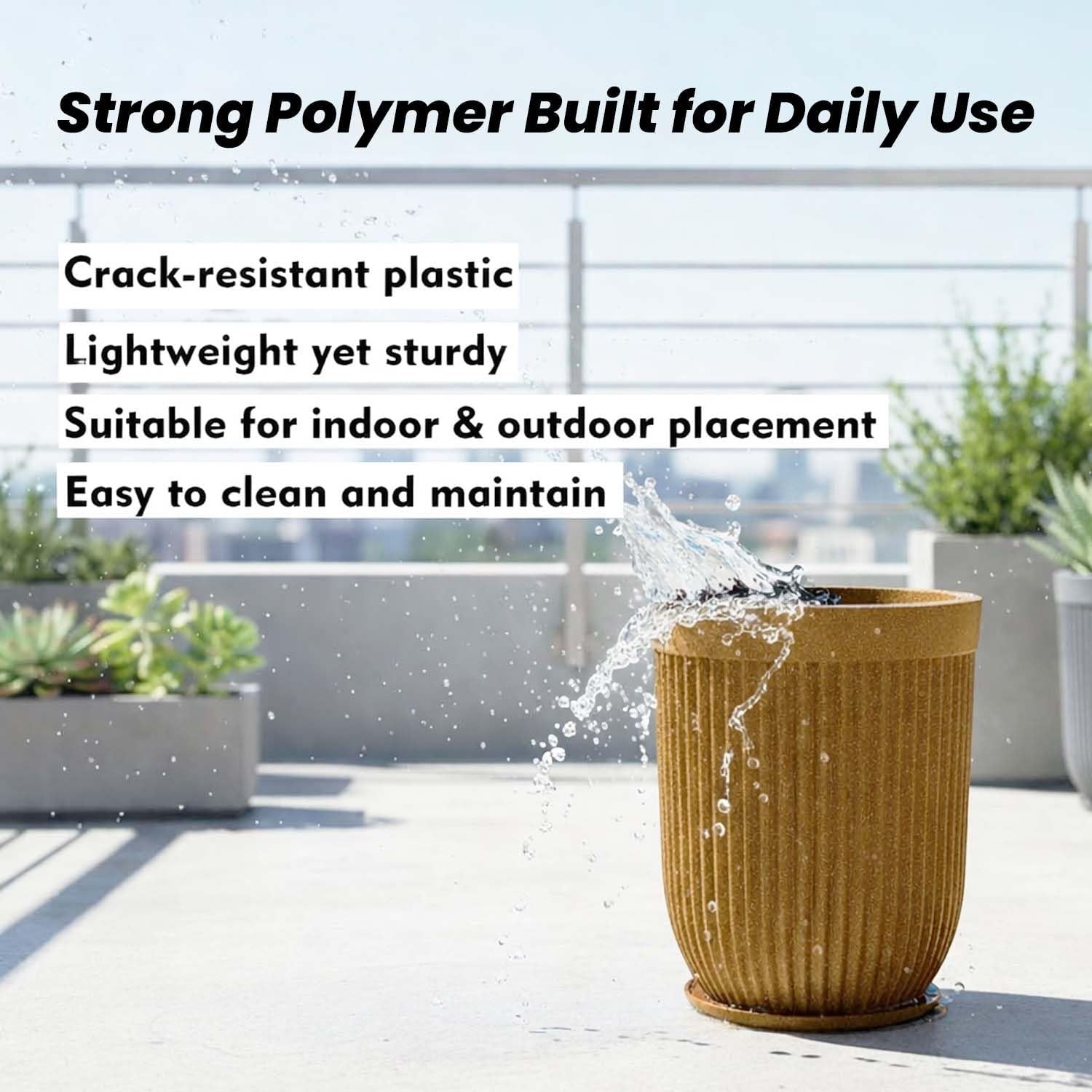 GoHooked 30 inch large brown polymer planter with ribbed design and matching saucer tray. Water splashing.