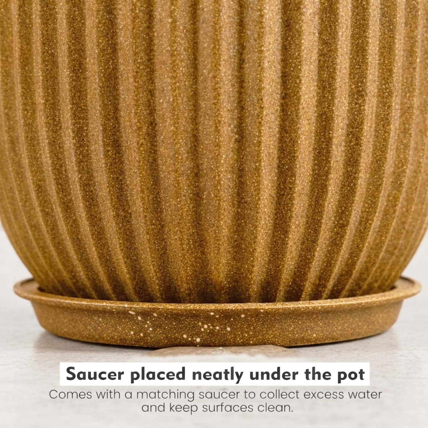 GoHooked 24 inch brown polymer planter with ribbed design and matching saucer for indoor/outdoor plants.