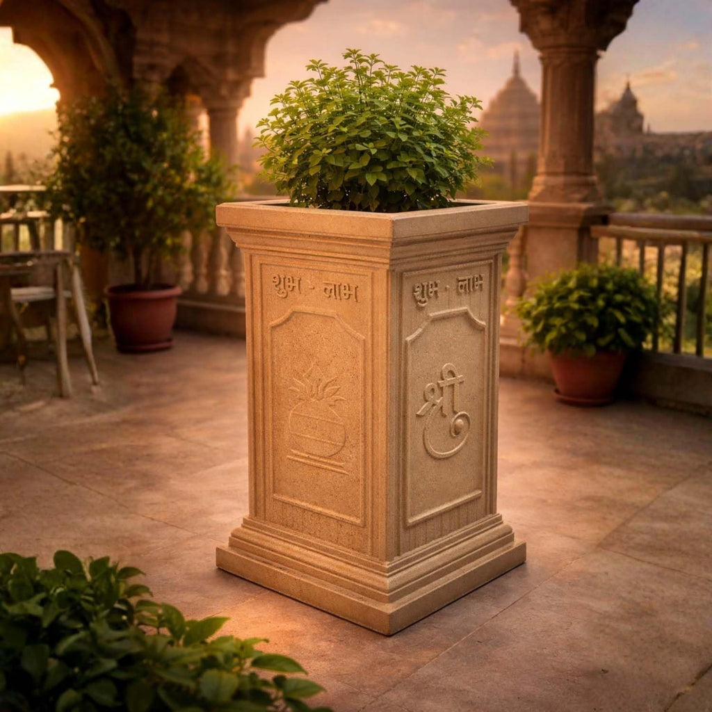 GoHooked large brown polymer Tulsi pot with embossed Shubh Labh, Om, and Swastik designs. Sandstone-style planter for indoor/outdoor use.