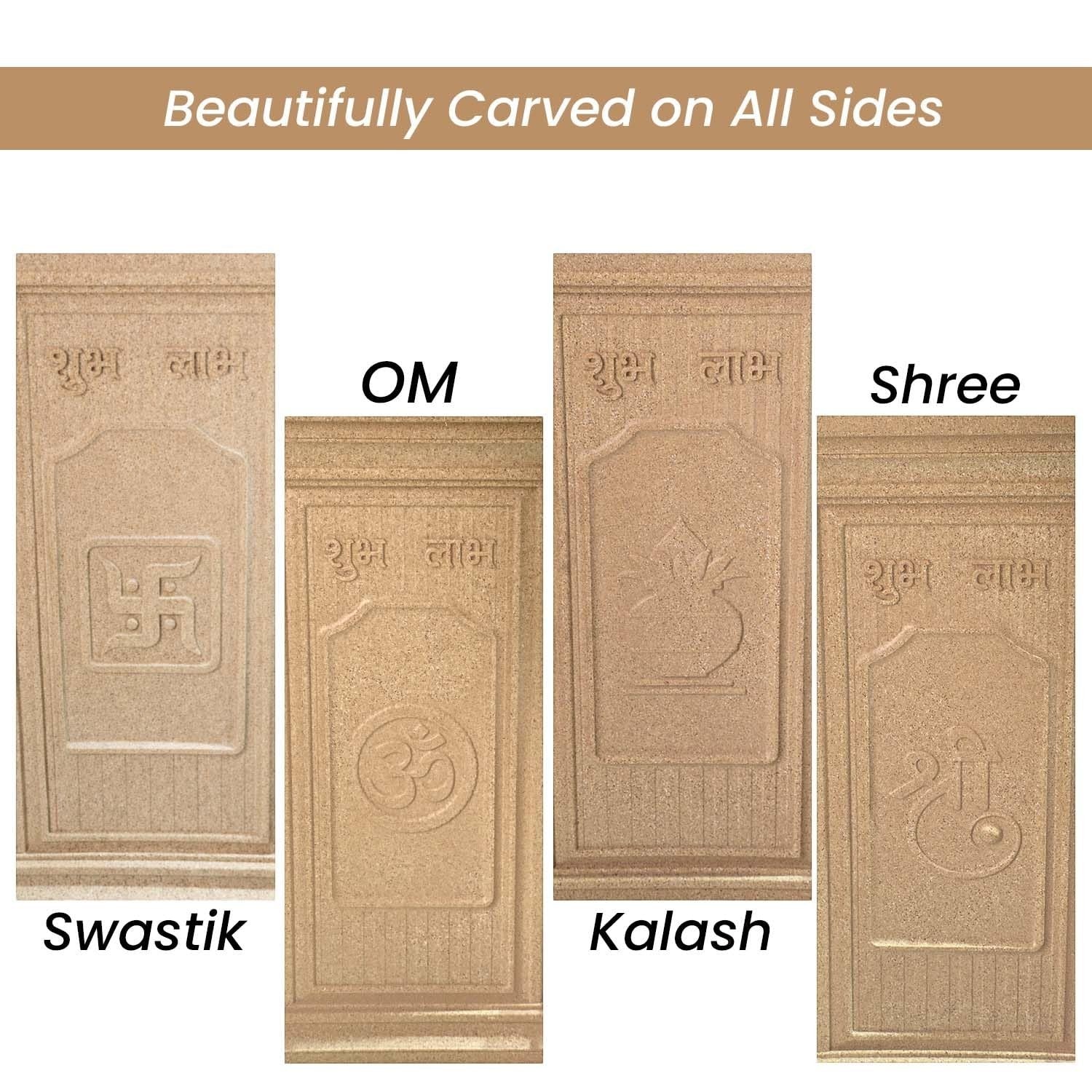 GoHooked large brown polymer Tulsi pot with embossed Shubh Labh, Om, Swastik, Kalash, and Shree designs. Traditional Indian planter.