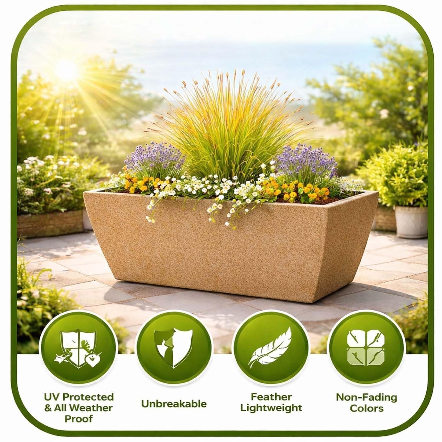 GoHooked 24-inch brown rectangular polymer planter pot with drainage hole, UV resistant and lightweight for indoor/outdoor use.