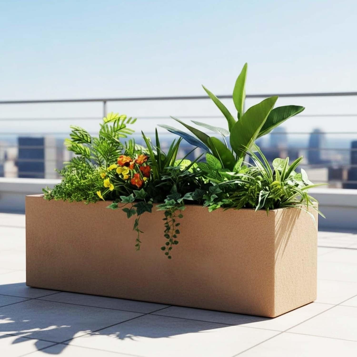 GoHooked modern brown rectangular polymer planter pot with drainage, 24x10 inches, filled with lush plants.