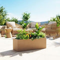 GoHooked brown rectangular polymer planter pot filled with lush green plants and yellow flowers, perfect for outdoor patios.