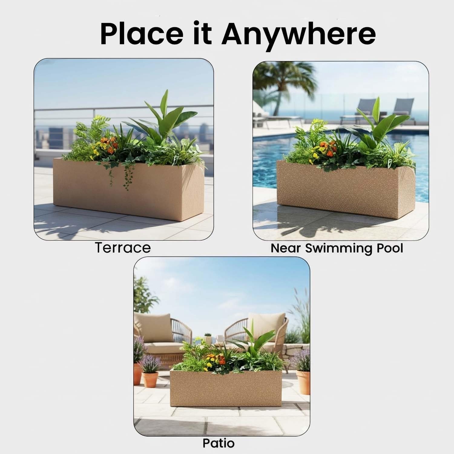 Go Hooked brown rectangular polymer planter pot with plants on a terrace, near a swimming pool, and on a patio.
