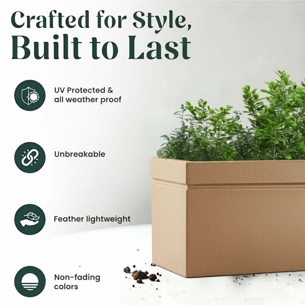 GoHooked brown rectangular polymer planter pot for indoor and outdoor use, featuring UV-protected and durable design.