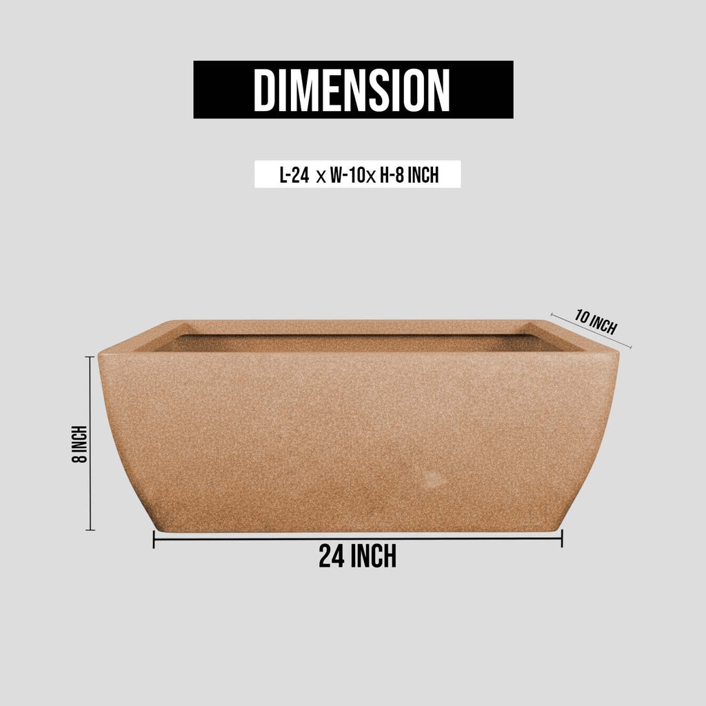 GoHooked 24-inch brown rectangular polymer planter pot with dimensions for balcony and garden use.