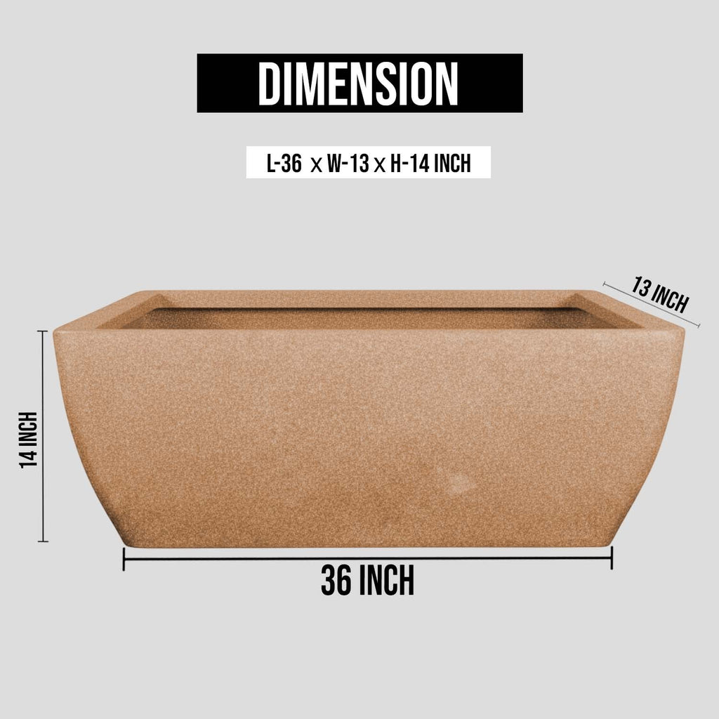 GoHooked 36-inch brown rectangular polymer planter pot for indoor and outdoor garden use with dimensions displayed.