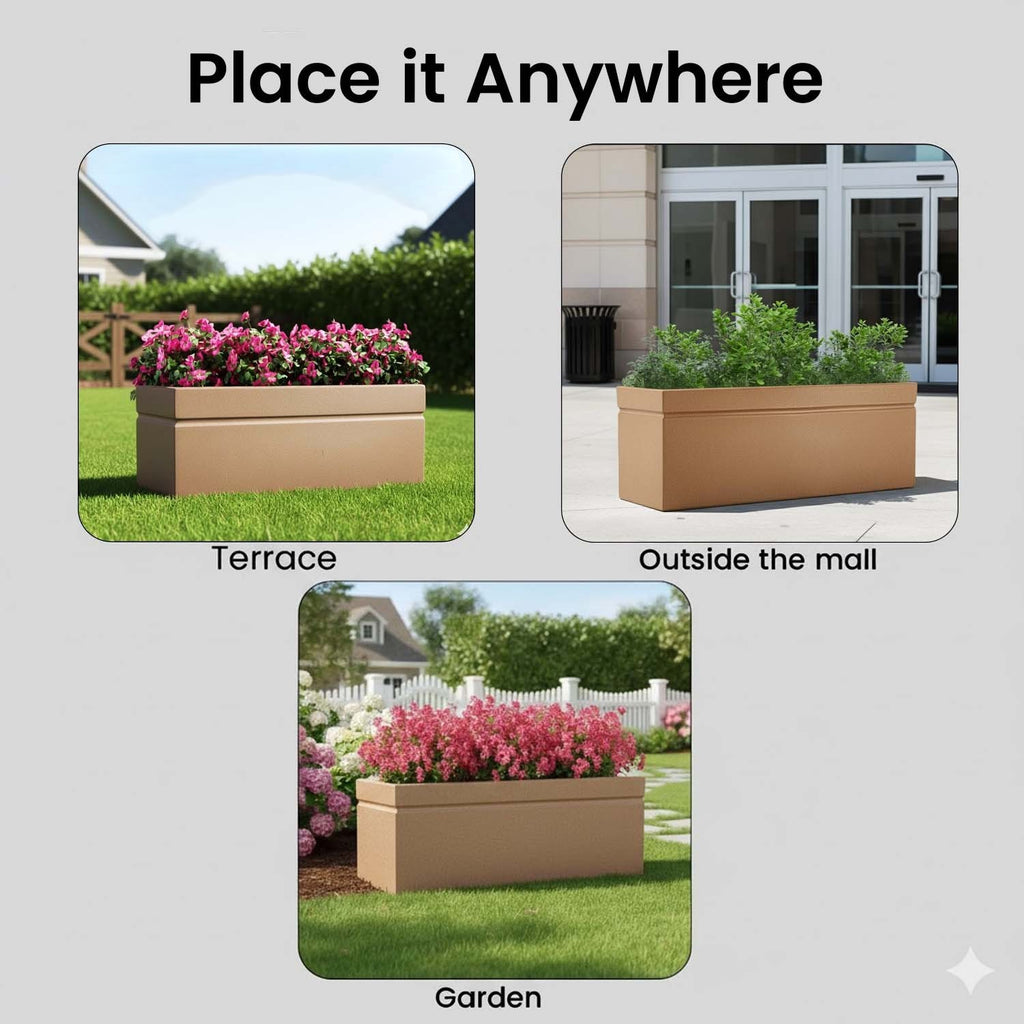 GoHooked large brown rectangular polymer planter pot displayed in terrace, garden, and outdoor settings.