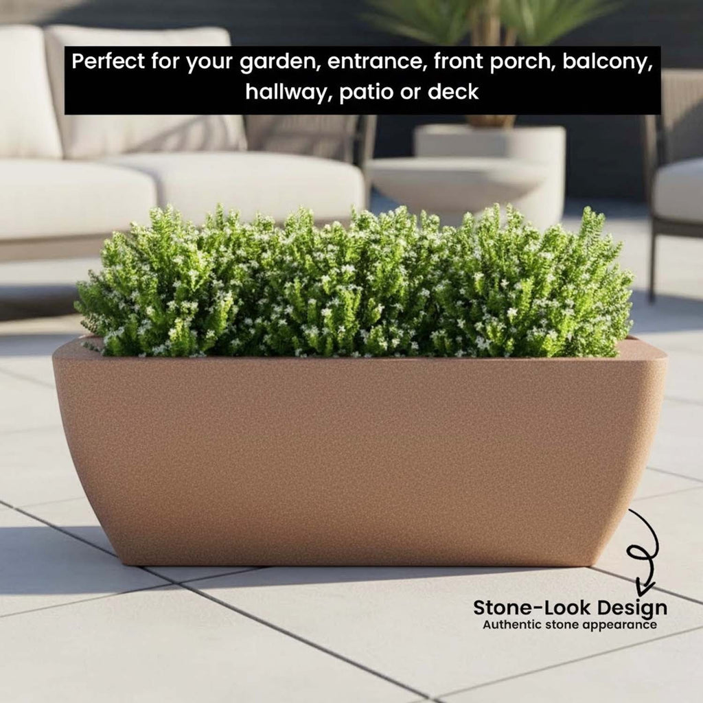 GoHooked 36-inch brown rectangular polymer planter with a stone-look finish, holding green plants on a patio.
