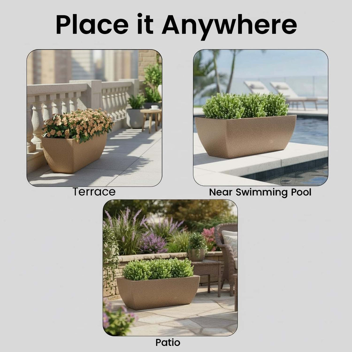 GoHooked brown rectangular polymer planter pot displayed on a terrace, by a swimming pool, and on a patio.
