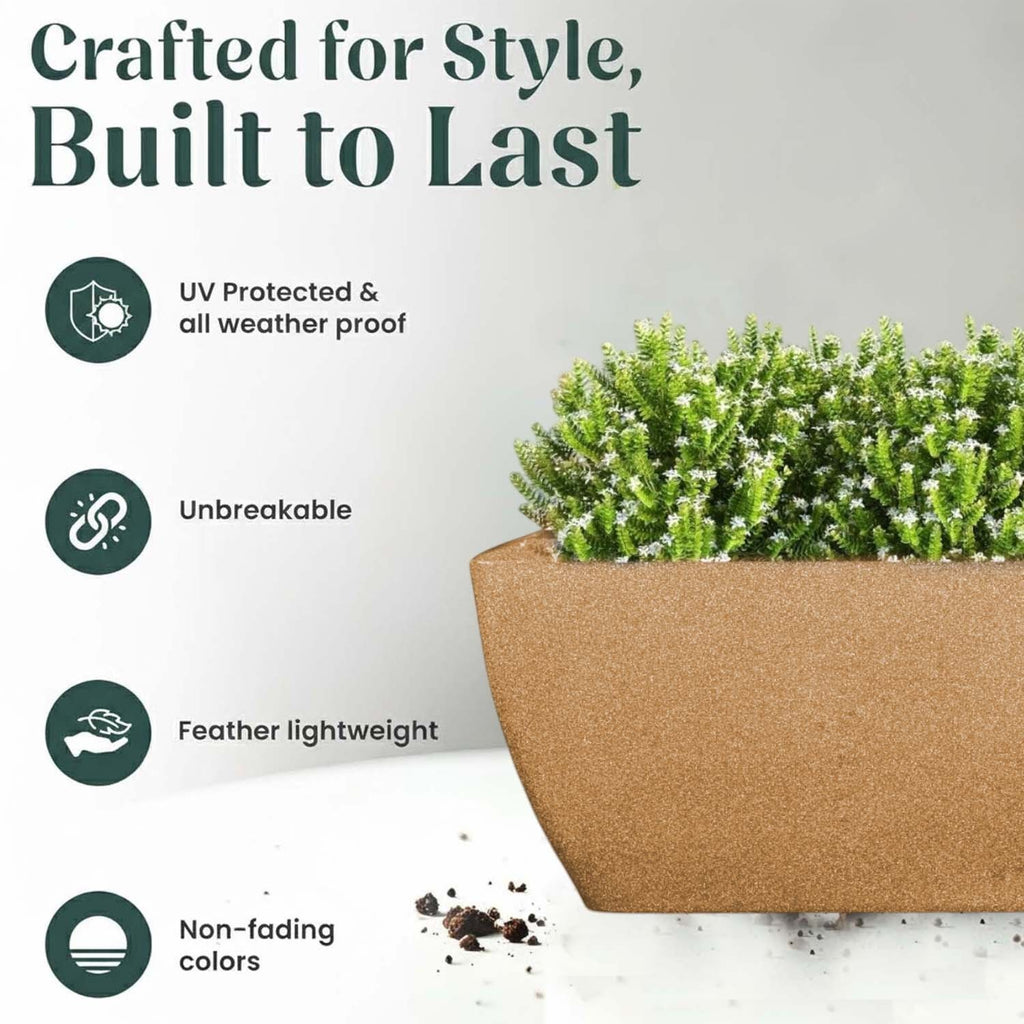 GoHooked brown rectangular polymer planter pot with UV-resistant, lightweight, and durable design for garden decor.