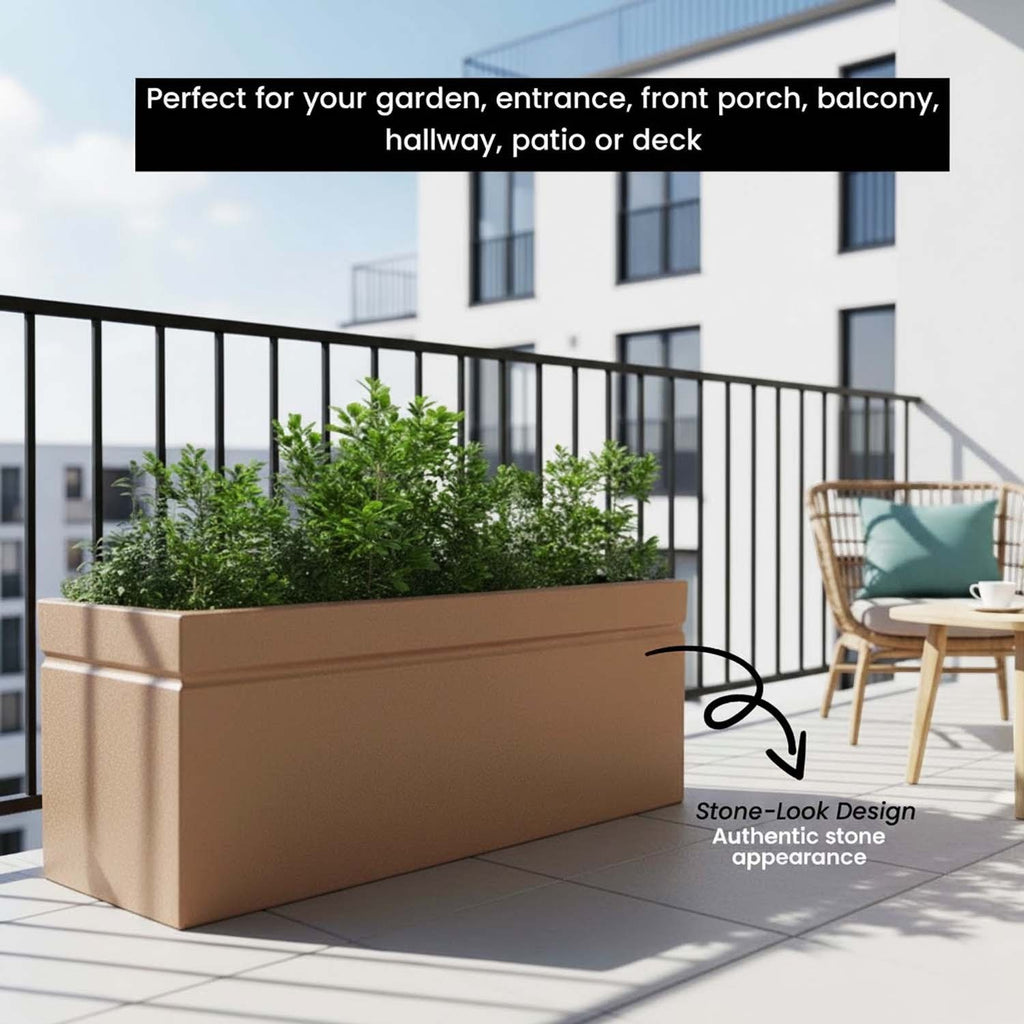 GoHooked large brown rectangular polymer planter with a stone-look finish on a modern balcony terrace.