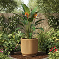 GoHooked large brown ribbed polymer planter pot with matching tray, 15x14 inch, granite speckled design.