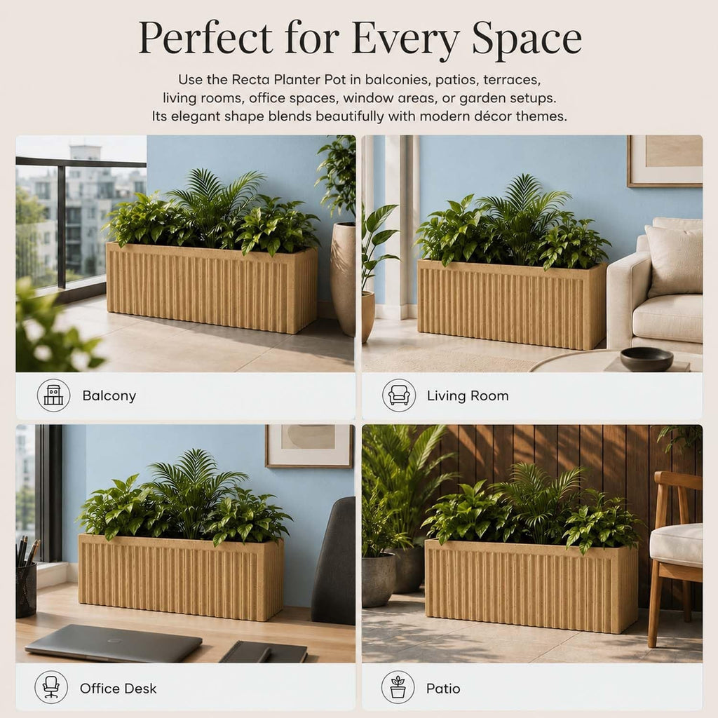 GoHooked brown sandstone ribbed polymer rectangular planter pot, 20x9 inches, with drainage hole for indoor/outdoor use.