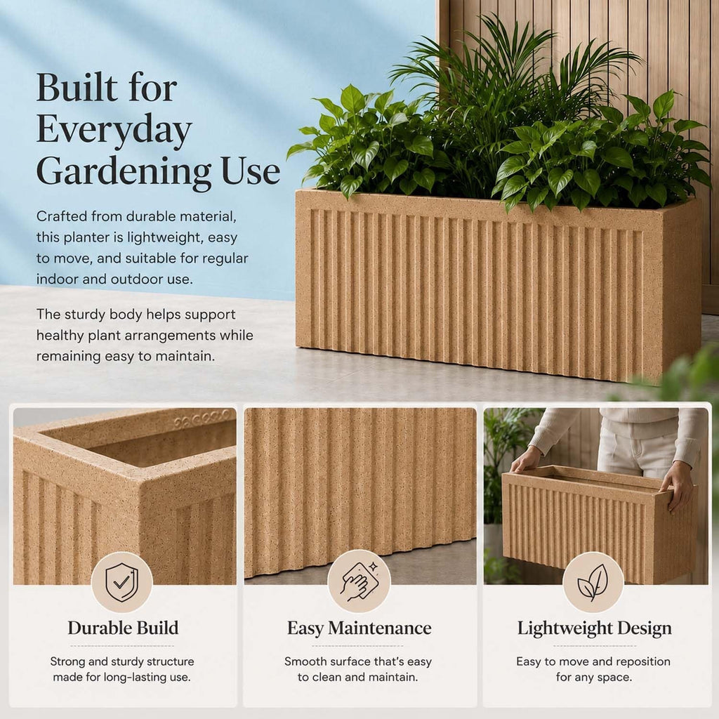 GoHooked brown sandstone ribbed rectangular polymer planter pot, 20x9 inches, with drainage hole for indoor/outdoor use.