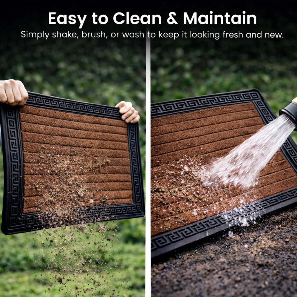 GoHooked brown rubber door mat being cleaned by shaking off debris and rinsing with water for easy maintenance