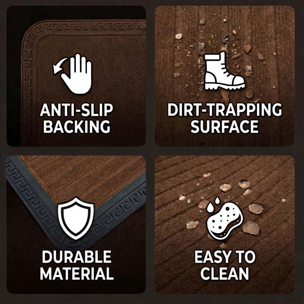GoHooked brown rubber door mat features showing anti-slip backing, ribbed dirt-trapping surface, and easy cleaning.