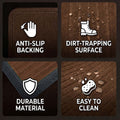 GoHooked brown rubber door mat features showing anti-slip backing, ribbed dirt-trapping surface, and easy cleaning.