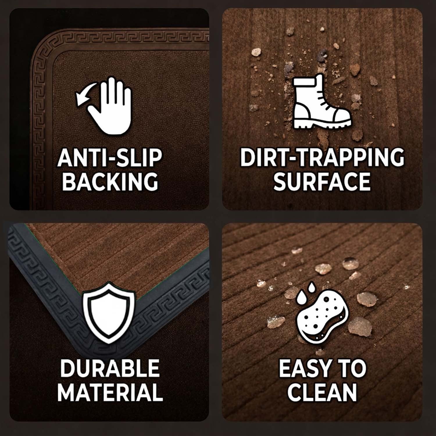GoHooked brown rubber door mat features showing anti-slip backing, ribbed dirt-trapping surface, and easy cleaning.