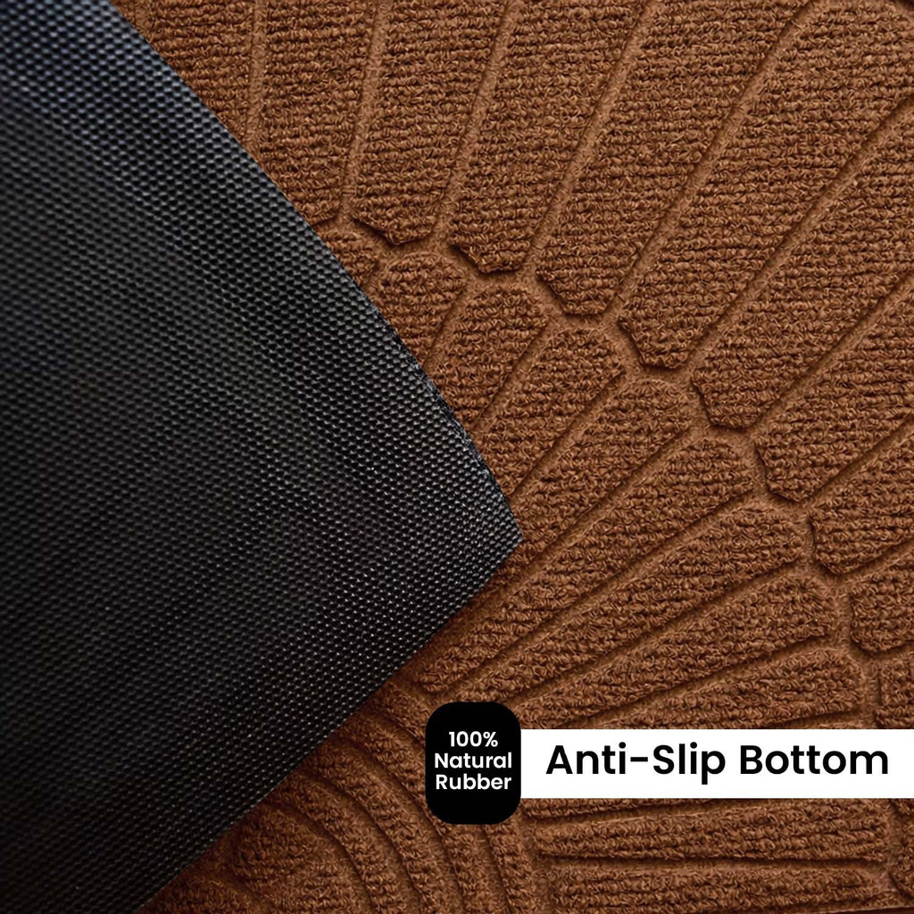 GoHooked brown rubber half circle door mat with textured sunburst pattern and black anti-slip base