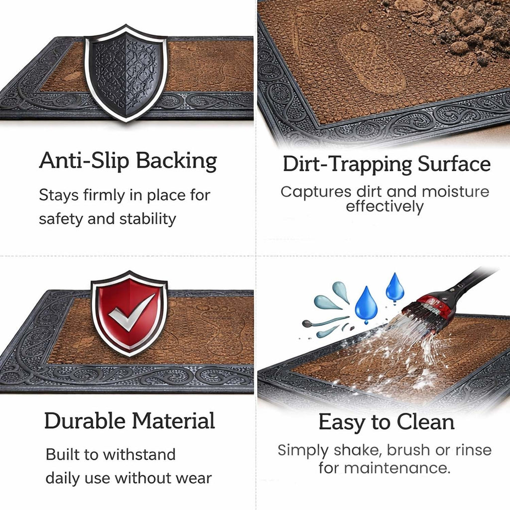 GoHooked brown rubber door mat with pebble texture, footprint design, and anti-slip backing for home entryways.
