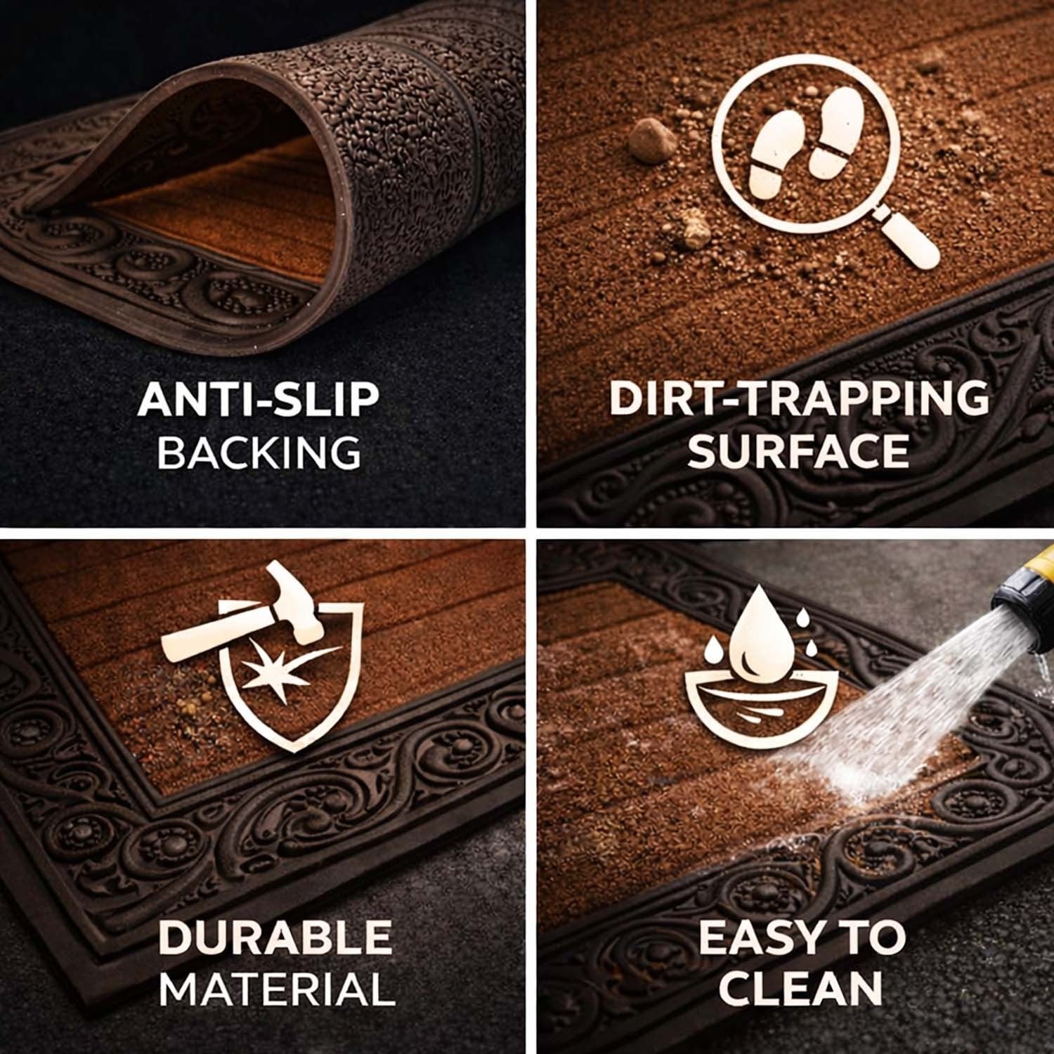 GoHooked brown rubber door mat with anti-slip backing, ribbed dirt-trapping surface, and decorative border design.