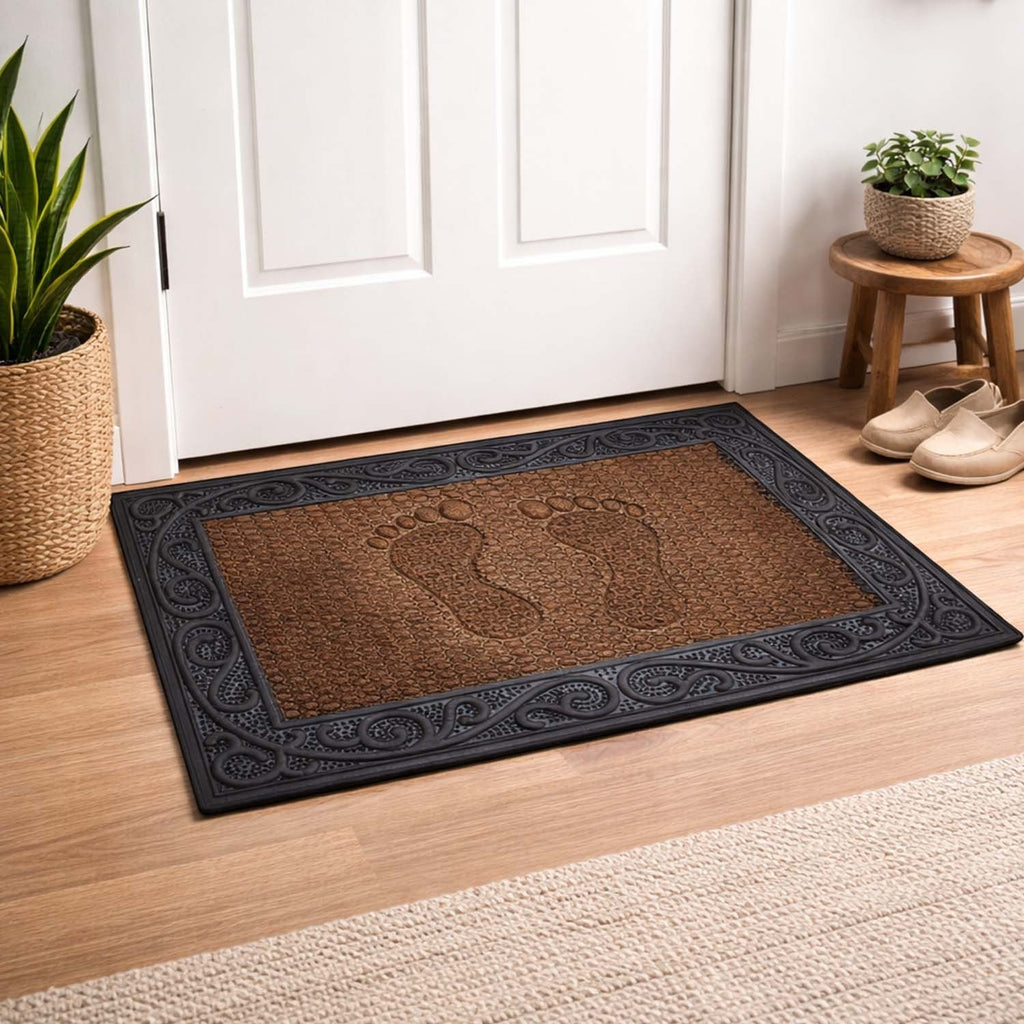 GoHooked brown rubber door mat with pebble texture and footprint design for indoor and outdoor entryway use.
