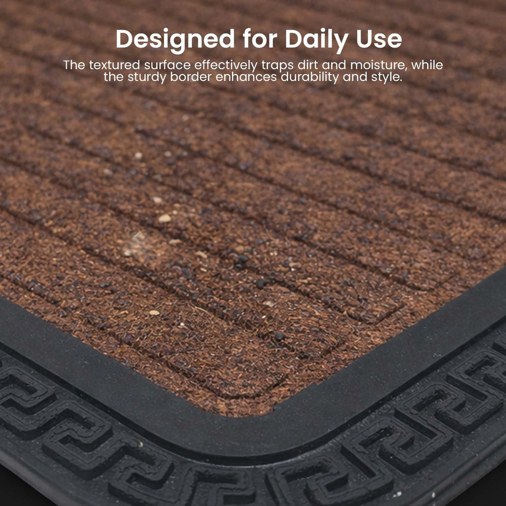 GoHooked brown rubber door mat with a ribbed textured surface and a decorative black border for dirt trapping.