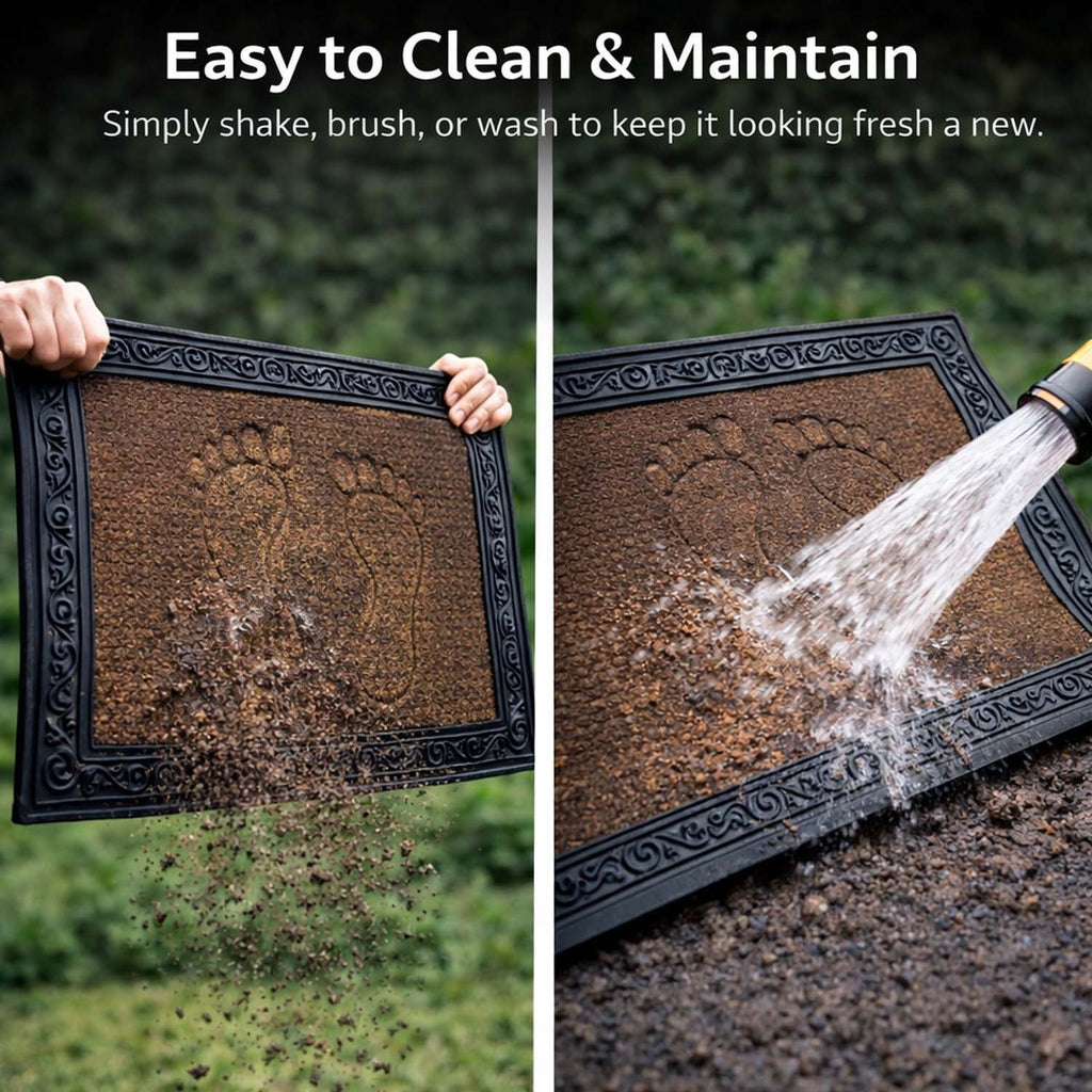 GoHooked brown rubber door mat with pebble texture and footprint design being cleaned with water and shaken outdoors.