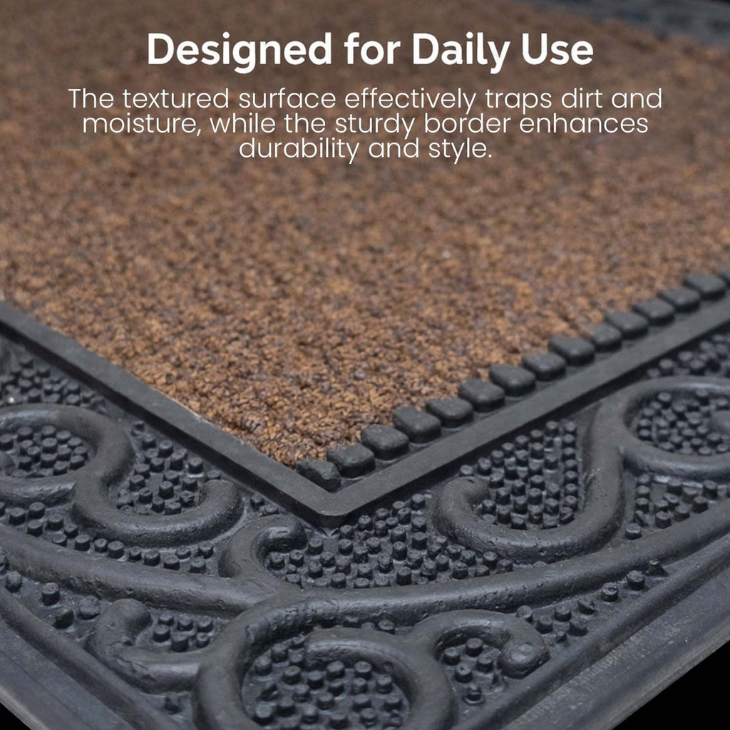 GoHooked brown rubber door mat with a textured pebble surface and decorative black border for dust control.