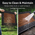 GoHooked brown rubber door mat with decorative border and ribbed surface being cleaned with water and shaking